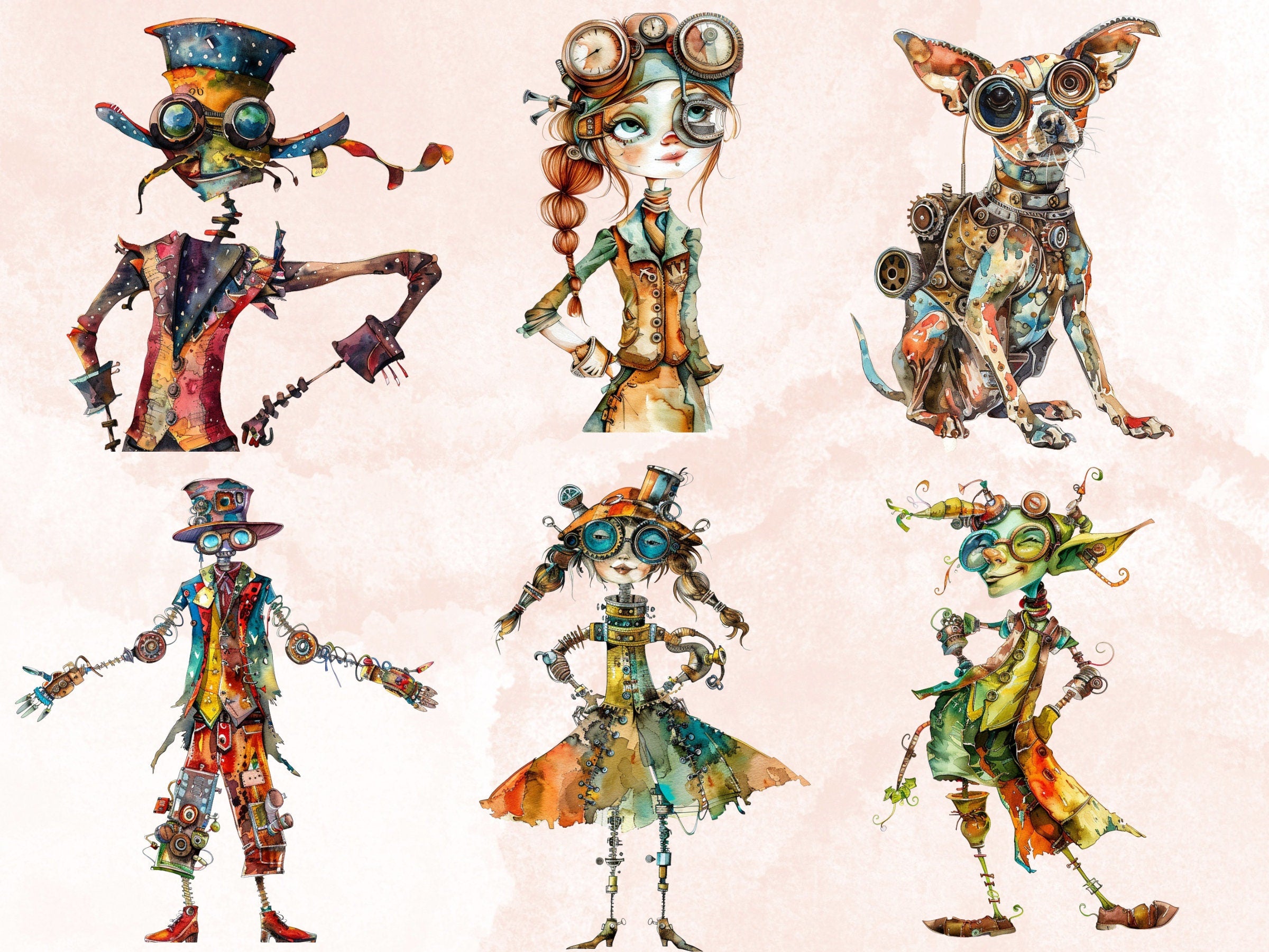 50 PNG Watercolor Quirky Steampunk Clipart, Whimsical Girl Illustrations Clip art, Funny Steampunk Bird png, Quirky Houses Sublimation
