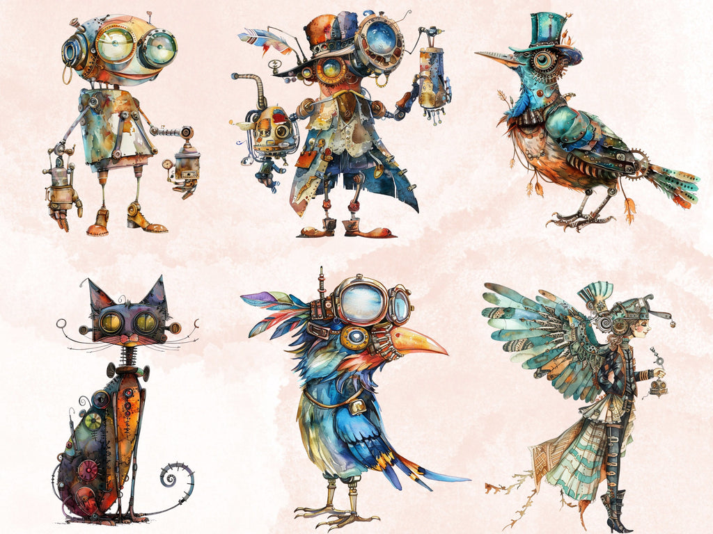 50 PNG Watercolor Quirky Steampunk Clipart, Whimsical Girl Illustrations Clip art, Funny Steampunk Bird png, Quirky Houses Sublimation