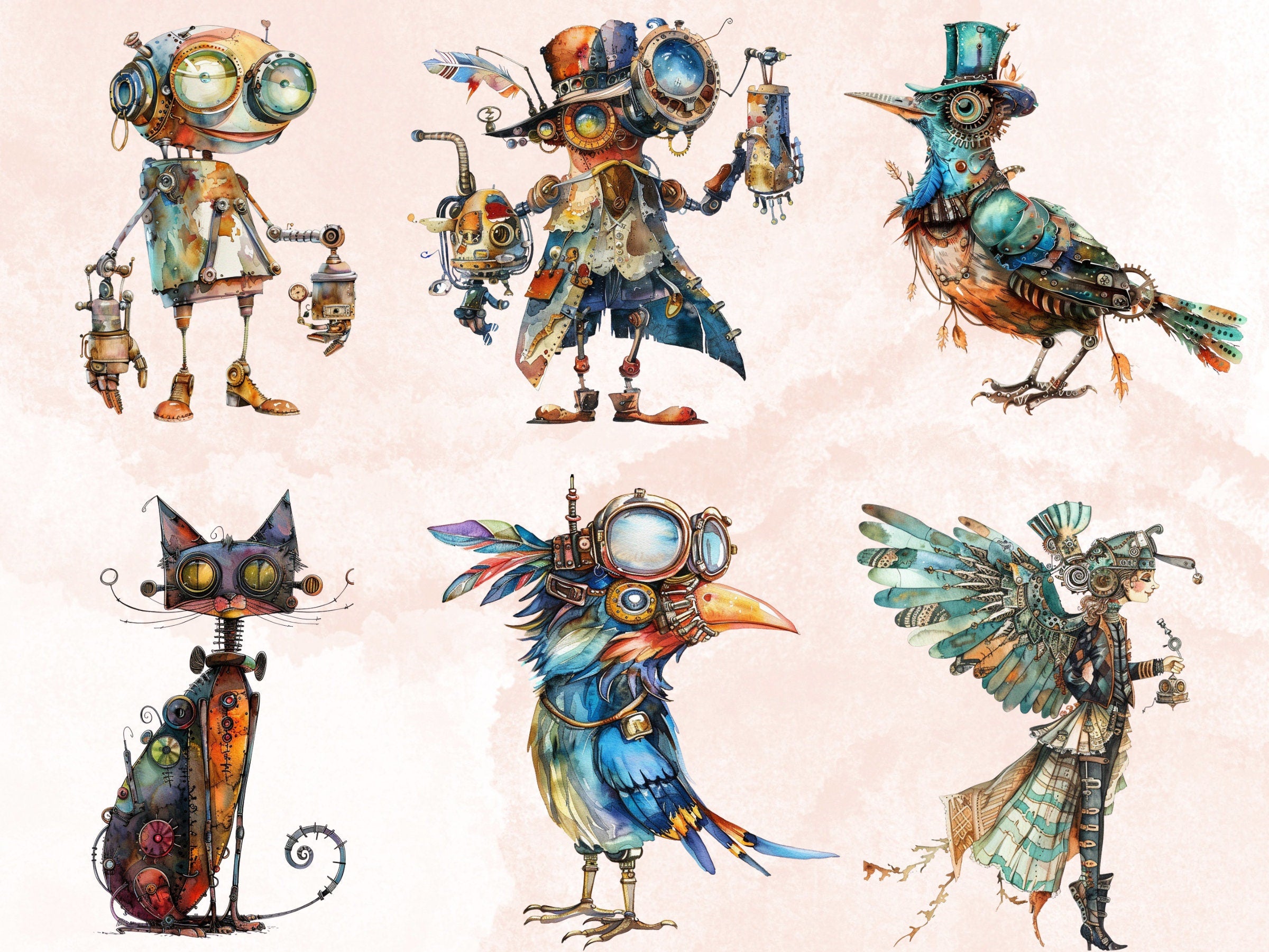 50 PNG Watercolor Quirky Steampunk Clipart, Whimsical Girl Illustrations Clip art, Funny Steampunk Bird png, Quirky Houses Sublimation