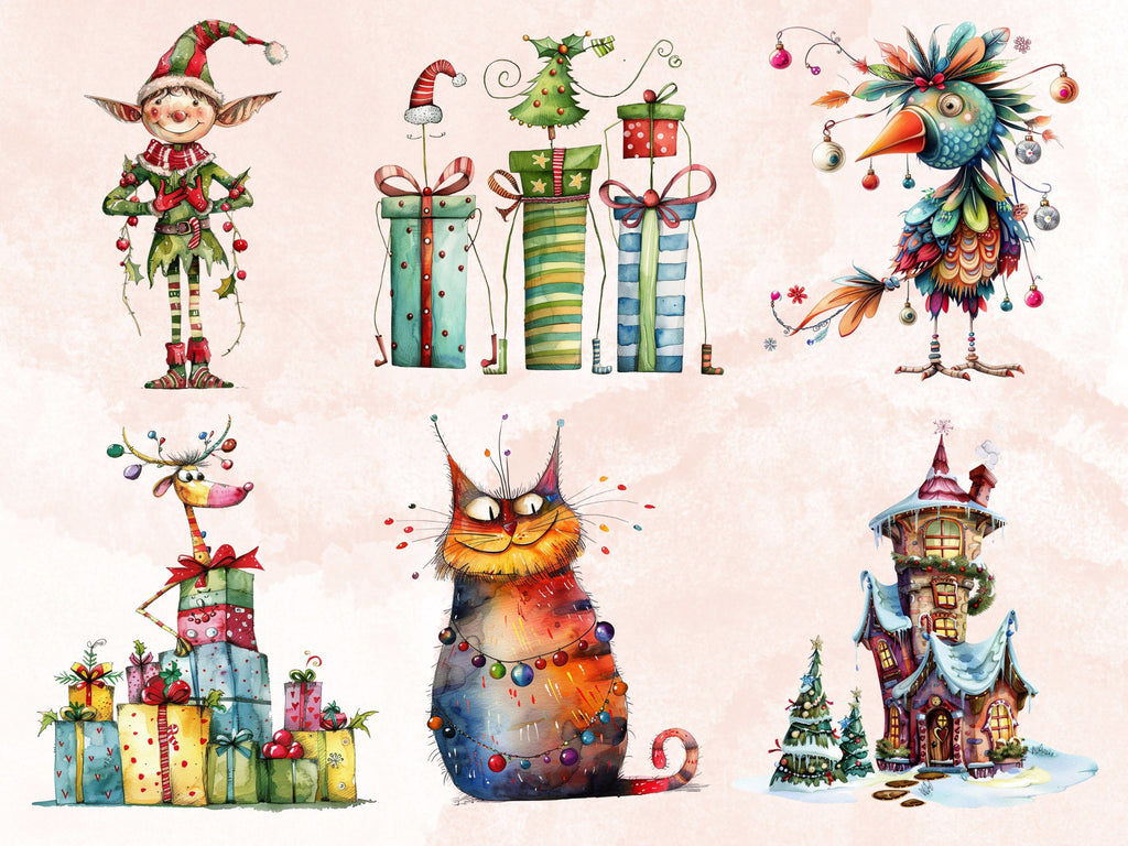 50 PNG Watercolor Quirky Christmas Bundle Clipart, Whimsical Christmas Illustrations Clip art, Noel Holiday png, Fantasy Xmas Sublimation