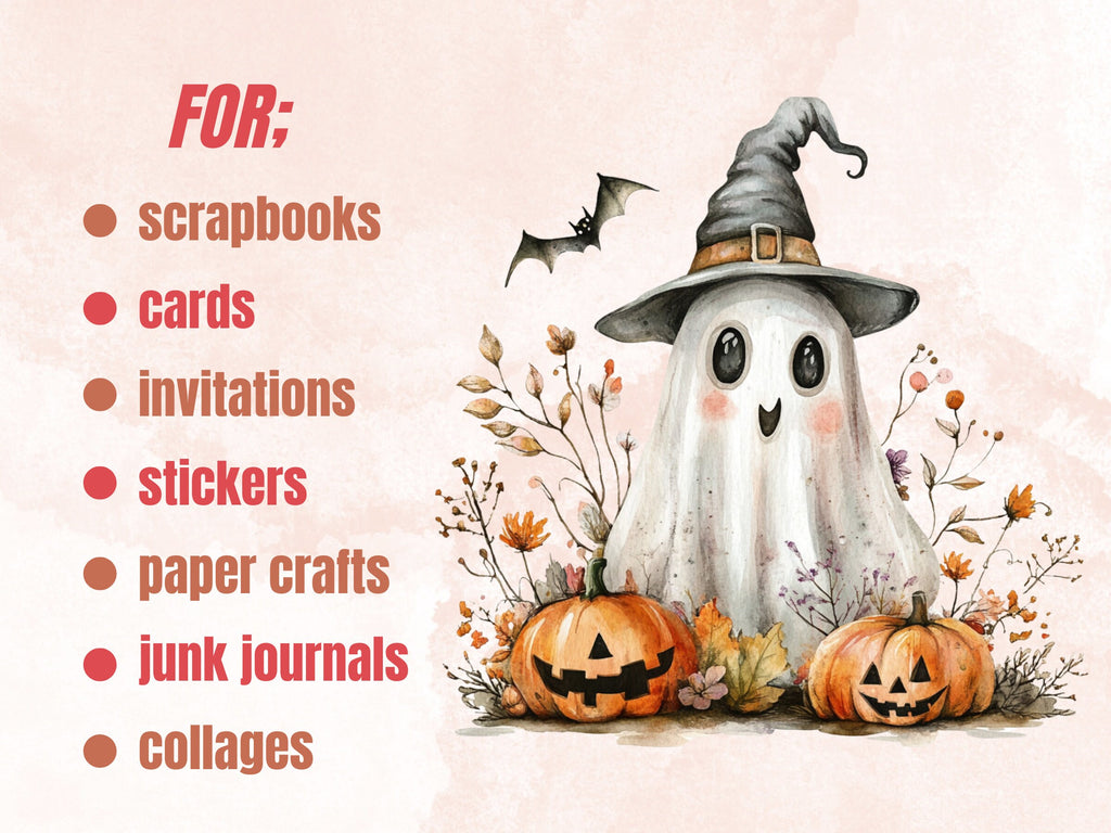 25 PNG Watercolor Cute Halloween Ghost Clipart, Kawaii Pumpkin Illustrations Clip art, Cute Funny Ghost Png, Spooky Season Sublimation