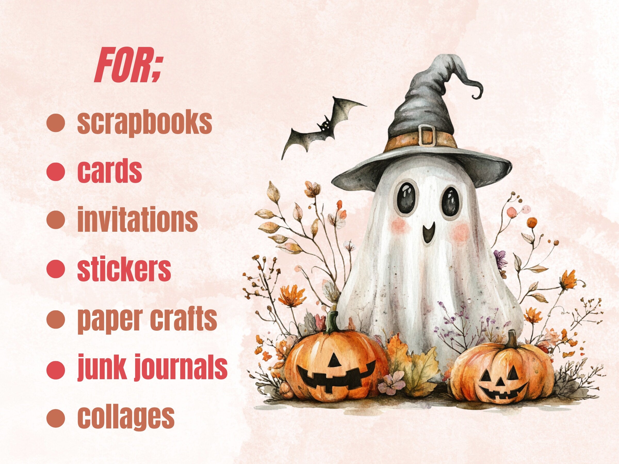 25 PNG Watercolor Cute Halloween Ghost Clipart, Kawaii Pumpkin Illustrations Clip art, Cute Funny Ghost Png, Spooky Season Sublimation