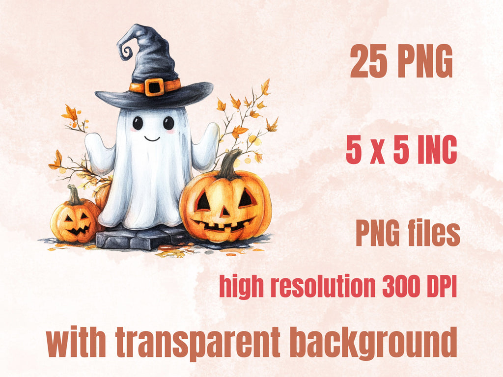 25 PNG Watercolor Cute Halloween Ghost Clipart, Kawaii Pumpkin Illustrations Clip art, Cute Funny Ghost Png, Spooky Season Sublimation