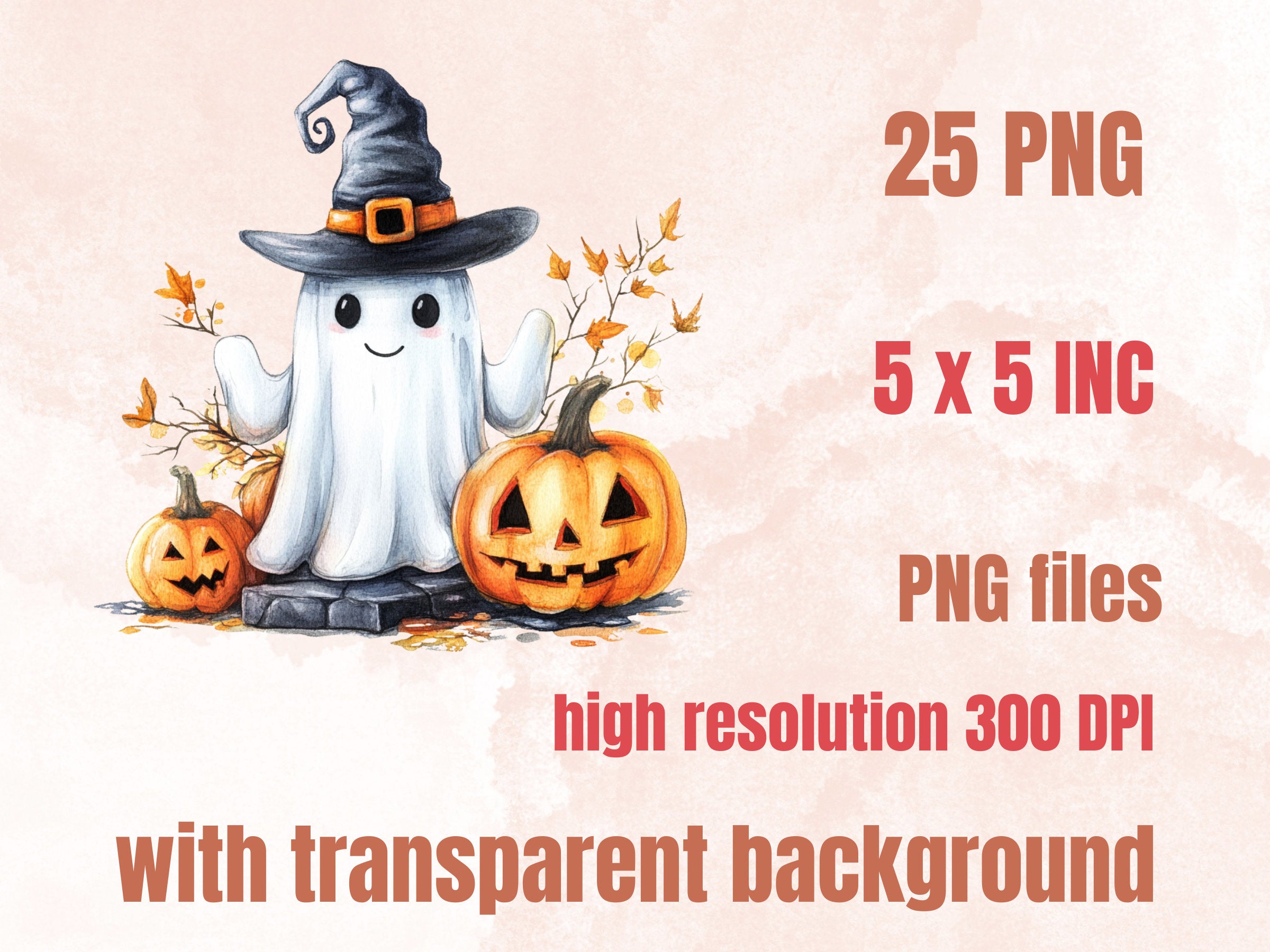 25 PNG Watercolor Cute Halloween Ghost Clipart, Kawaii Pumpkin Illustrations Clip art, Cute Funny Ghost Png, Spooky Season Sublimation