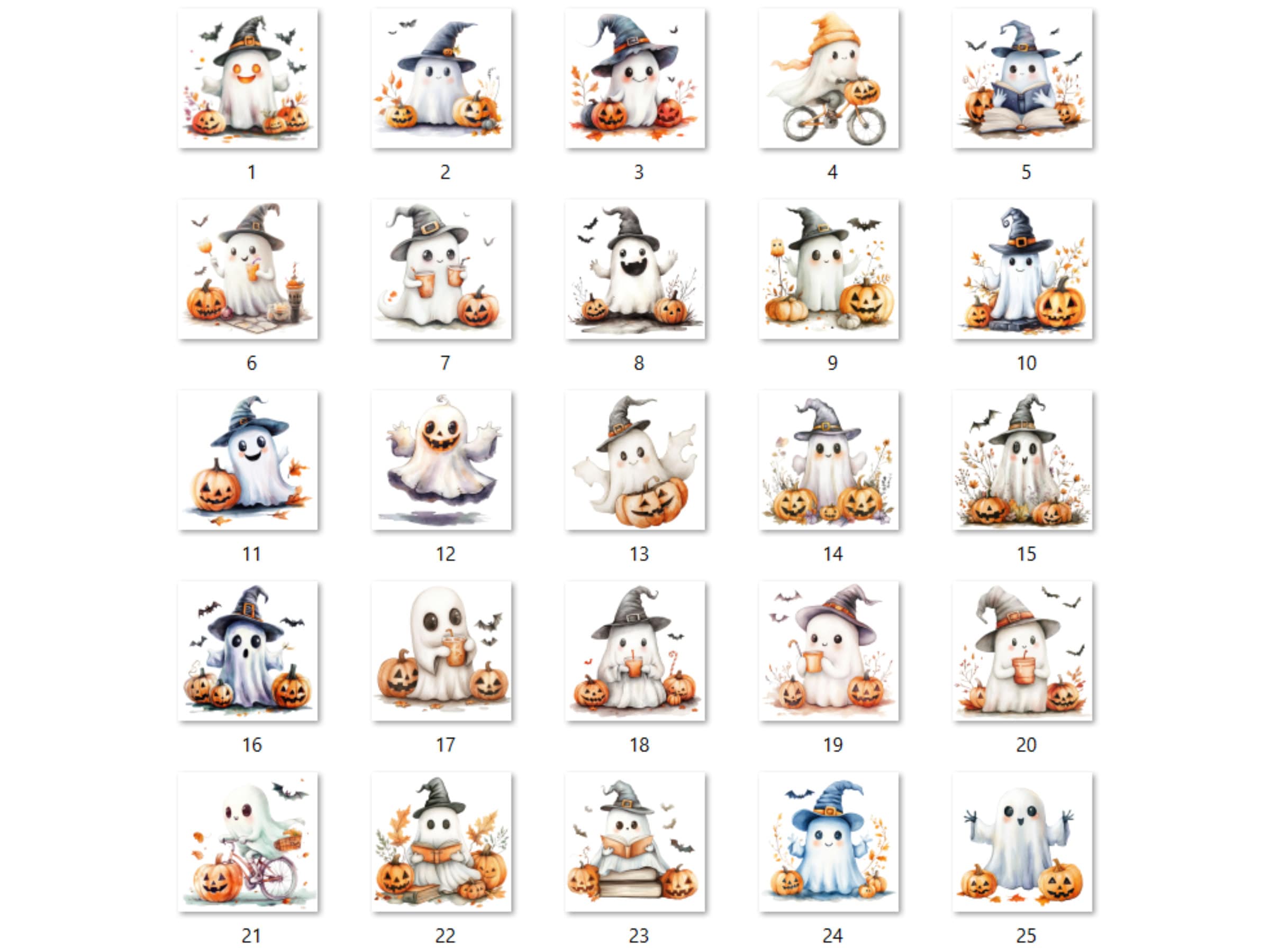 25 PNG Watercolor Cute Halloween Ghost Clipart, Kawaii Pumpkin Illustrations Clip art, Cute Funny Ghost Png, Spooky Season Sublimation