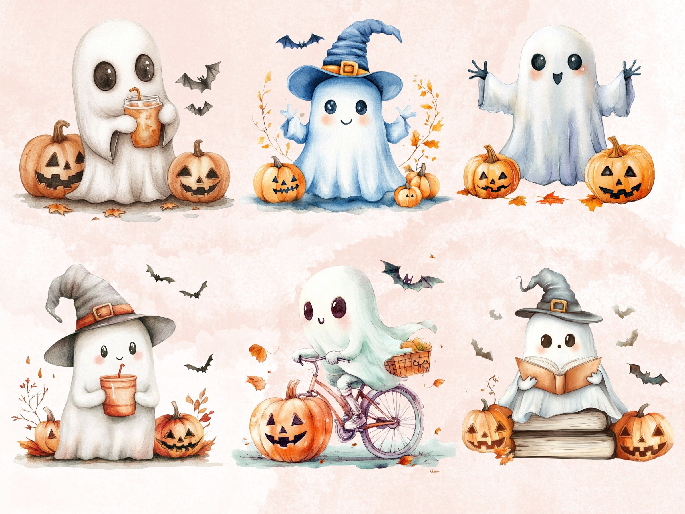 25 PNG Watercolor Cute Halloween Ghost Clipart, Kawaii Pumpkin Illustrations Clip art, Cute Funny Ghost Png, Spooky Season Sublimation