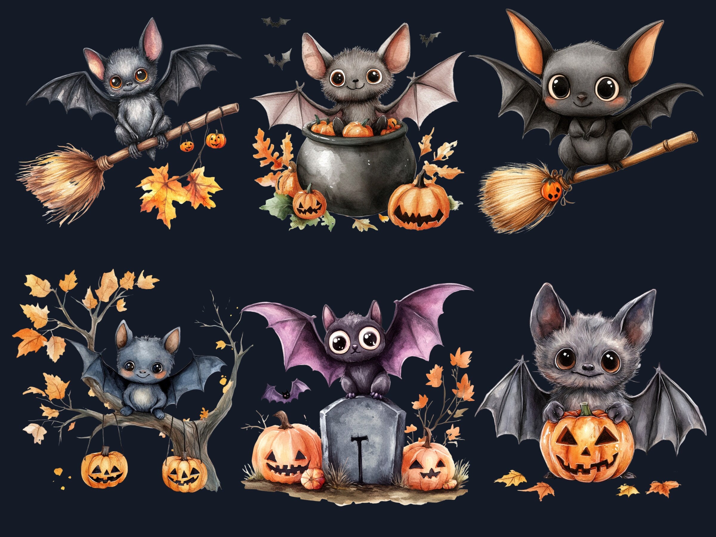 25 PNG Watercolor Cute Halloween Bat Clipart, Cute Creepy Animals Illustrations Clip art, Kawaii Funny Bat Png, Spooky Season Sublimation