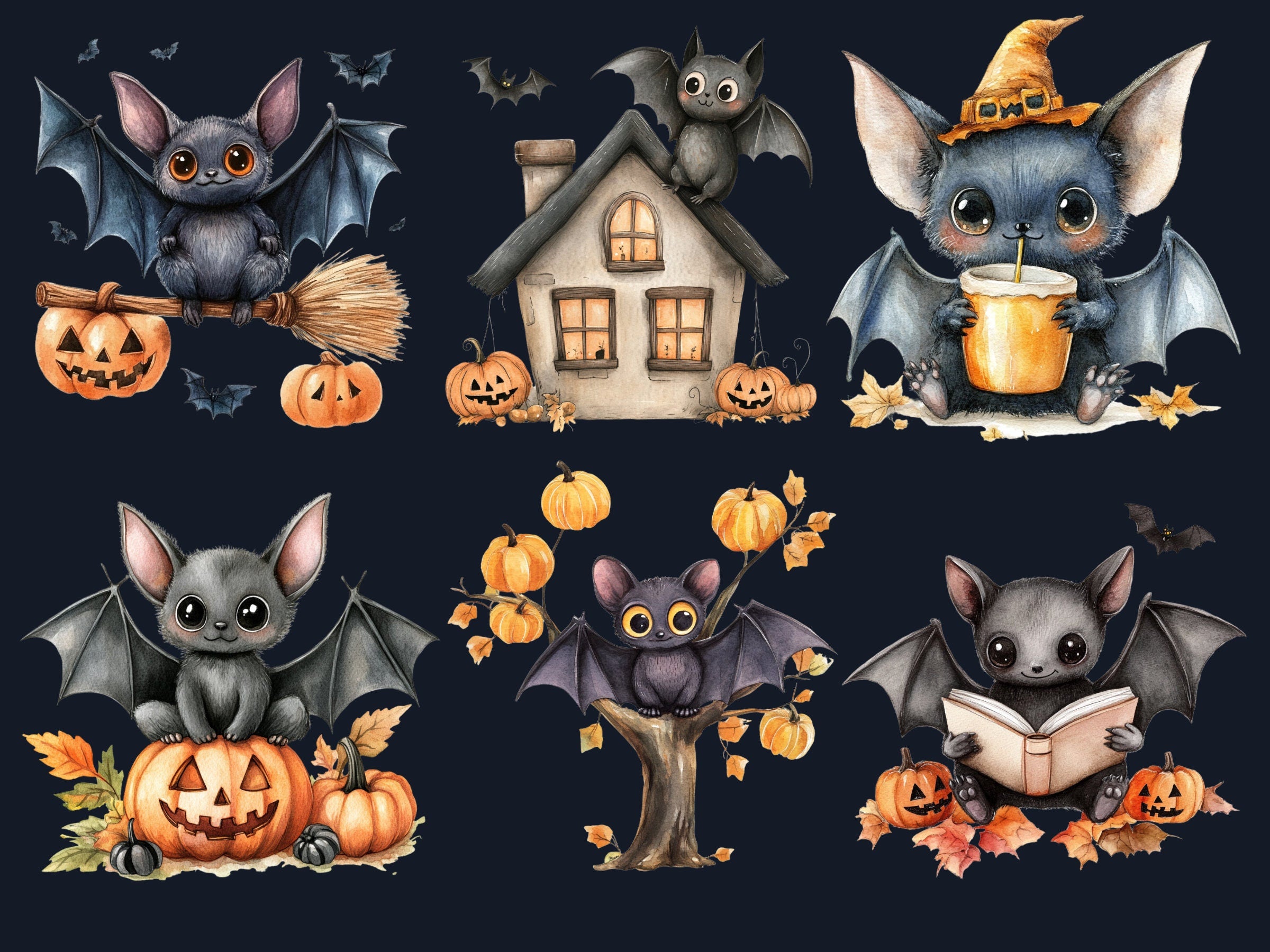 25 PNG Watercolor Cute Halloween Bat Clipart, Cute Creepy Animals Illustrations Clip art, Kawaii Funny Bat Png, Spooky Season Sublimation