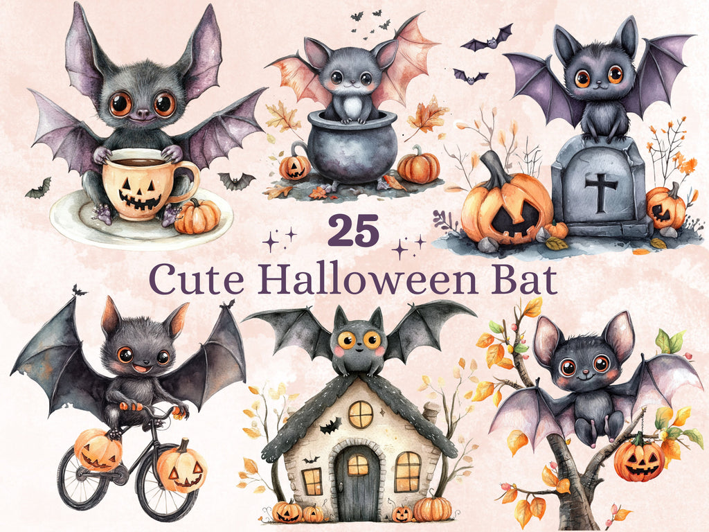 25 PNG Watercolor Cute Halloween Bat Clipart, Cute Creepy Animals Illustrations Clip art, Kawaii Funny Bat Png, Spooky Season Sublimation