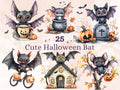 25 PNG Watercolor Cute Halloween Bat Clipart, Cute Creepy Animals Illustrations Clip art, Kawaii Funny Bat Png, Spooky Season Sublimation