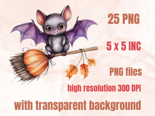 25 PNG Watercolor Cute Halloween Bat Clipart, Cute Creepy Animals Illustrations Clip art, Kawaii Funny Bat Png, Spooky Season Sublimation