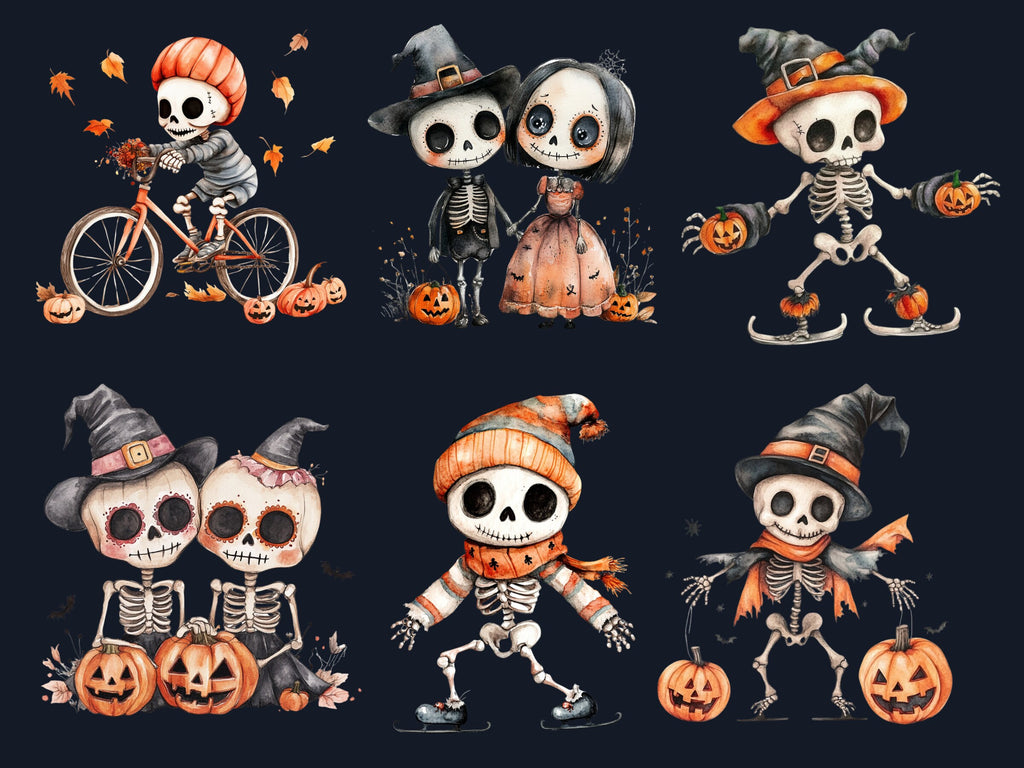 30 PNG Watercolor Cute Halloween Skeleton Clipart, Cute Creepy Illustrations Clip art, Kawaii Funny Skeleton Png, Spooky Season Sublimation