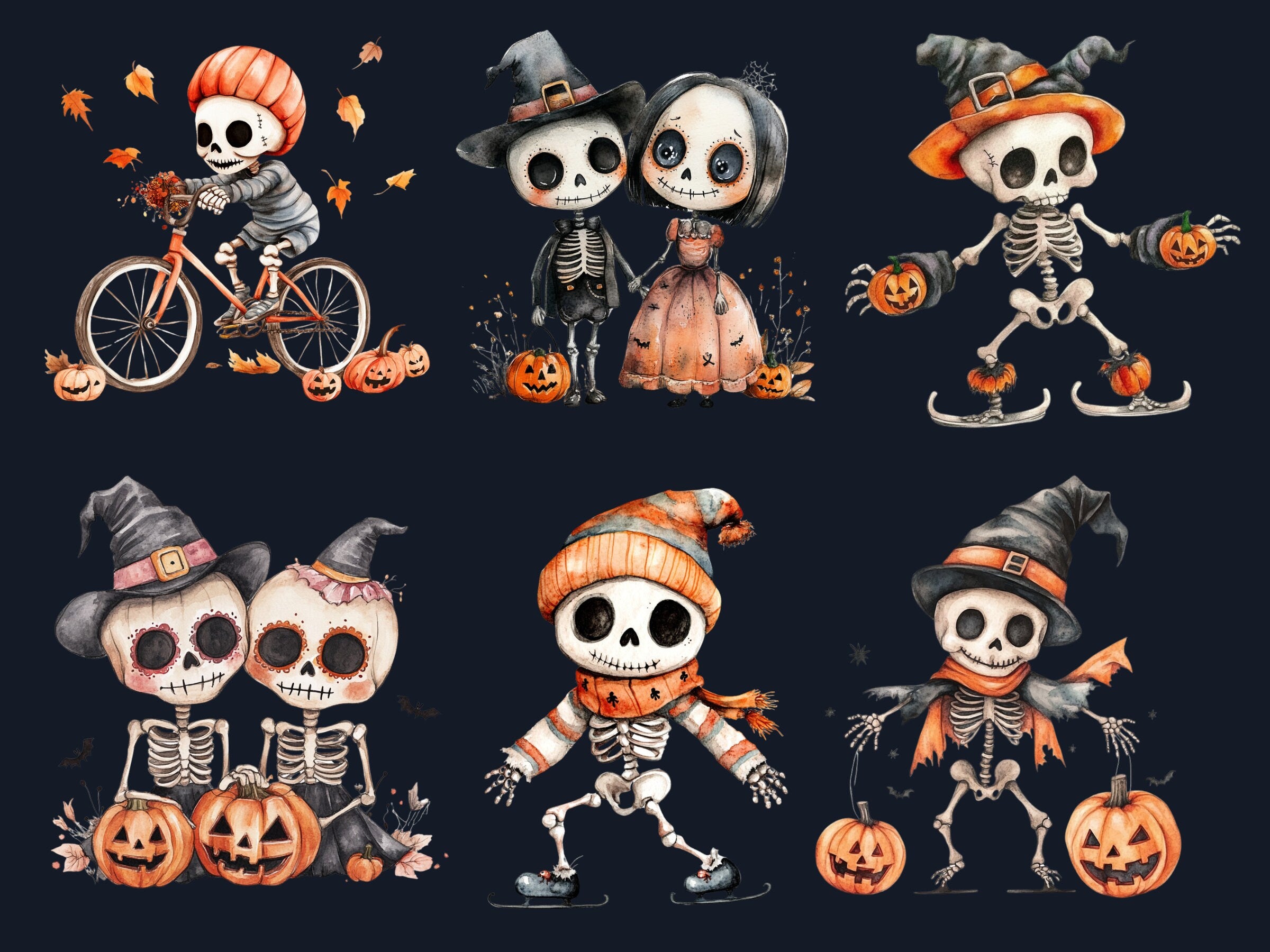 30 PNG Watercolor Cute Halloween Skeleton Clipart, Cute Creepy Illustrations Clip art, Kawaii Funny Skeleton Png, Spooky Season Sublimation