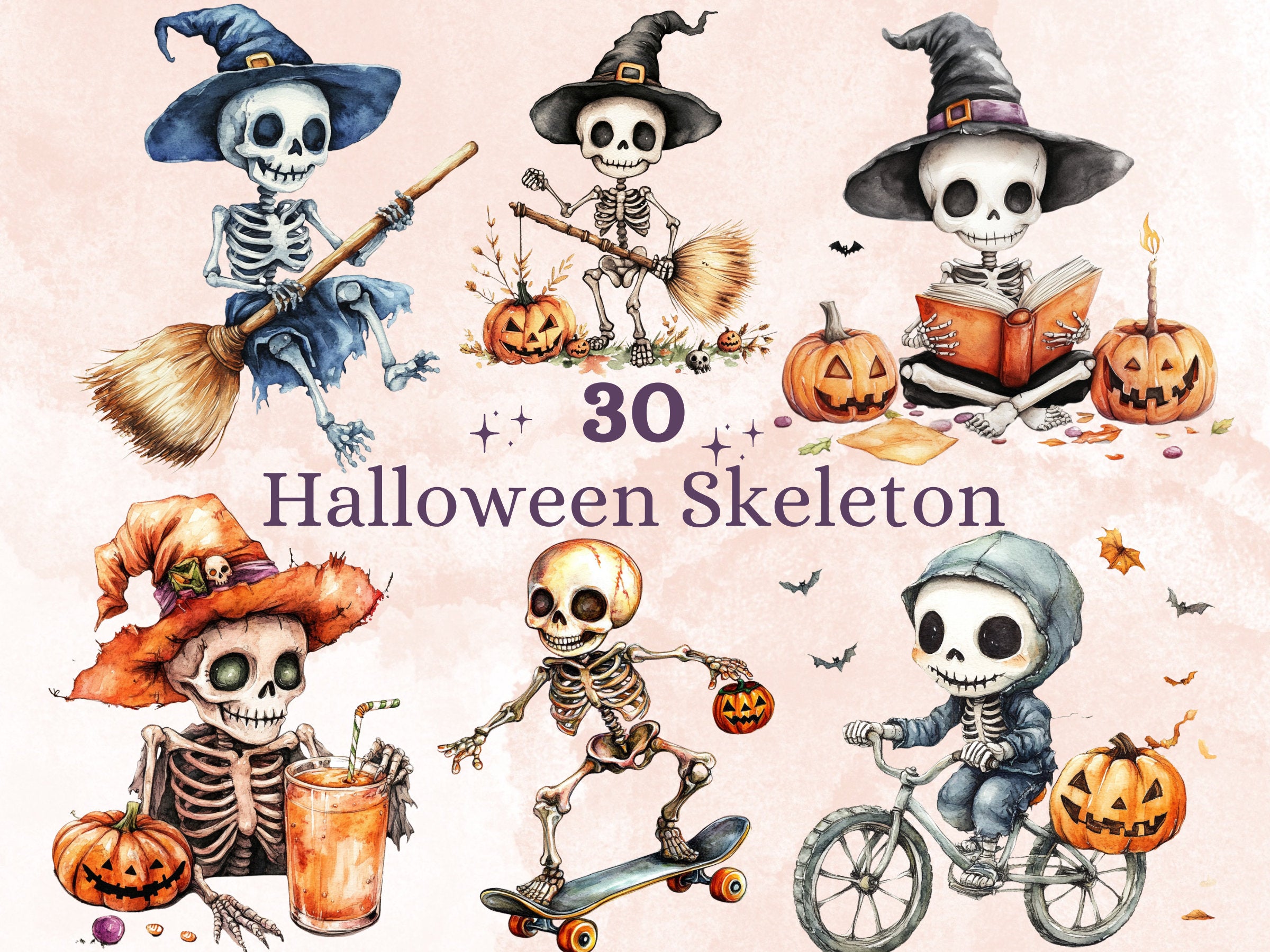 30 PNG Watercolor Cute Halloween Skeleton Clipart, Cute Creepy Illustrations Clip art, Kawaii Funny Skeleton Png, Spooky Season Sublimation
