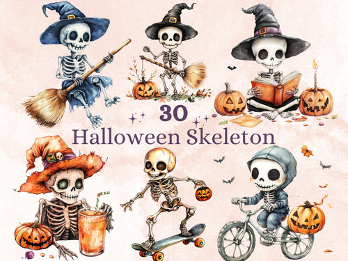 30 PNG Watercolor Cute Halloween Skeleton Clipart, Cute Creepy Illustrations Clip art, Kawaii Funny Skeleton Png, Spooky Season Sublimation