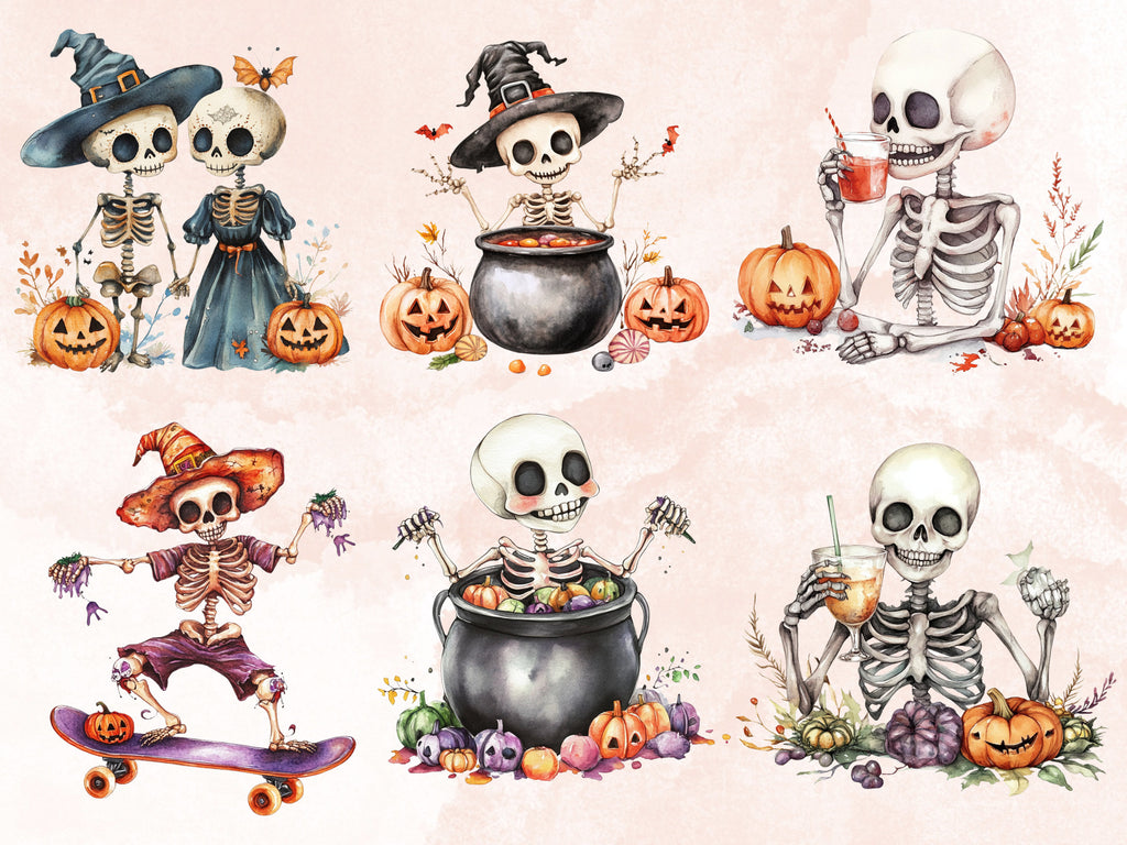 30 PNG Watercolor Cute Halloween Skeleton Clipart, Cute Creepy Illustrations Clip art, Kawaii Funny Skeleton Png, Spooky Season Sublimation