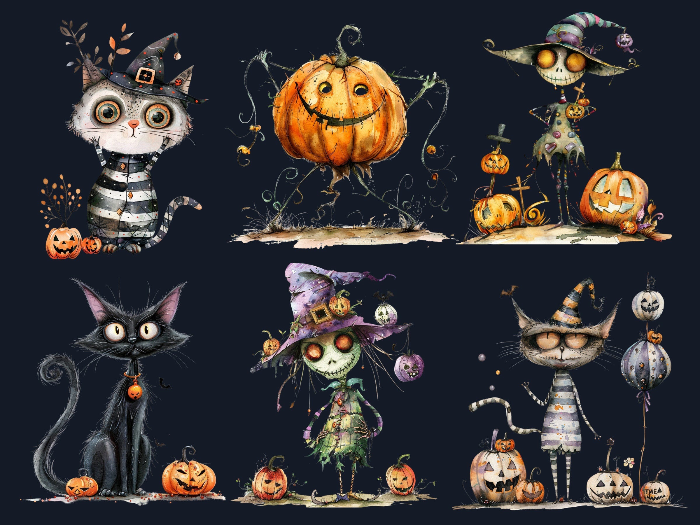 50 PNG Watercolor Quirky Halloween Bundle Clipart, Whimsical Halloween Illustrations Clip art, Cute Creepy png, Spooky Season Sublimation