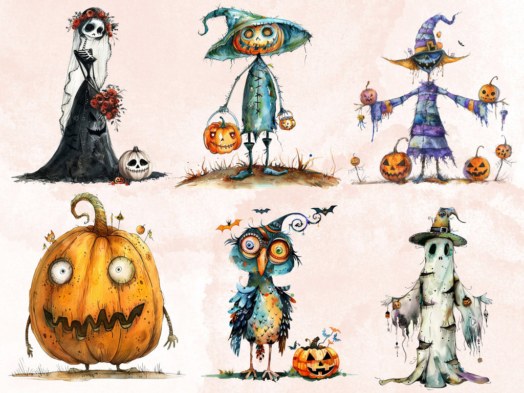 50 PNG Watercolor Quirky Halloween Bundle Clipart, Whimsical Halloween Illustrations Clip art, Cute Creepy png, Spooky Season Sublimation