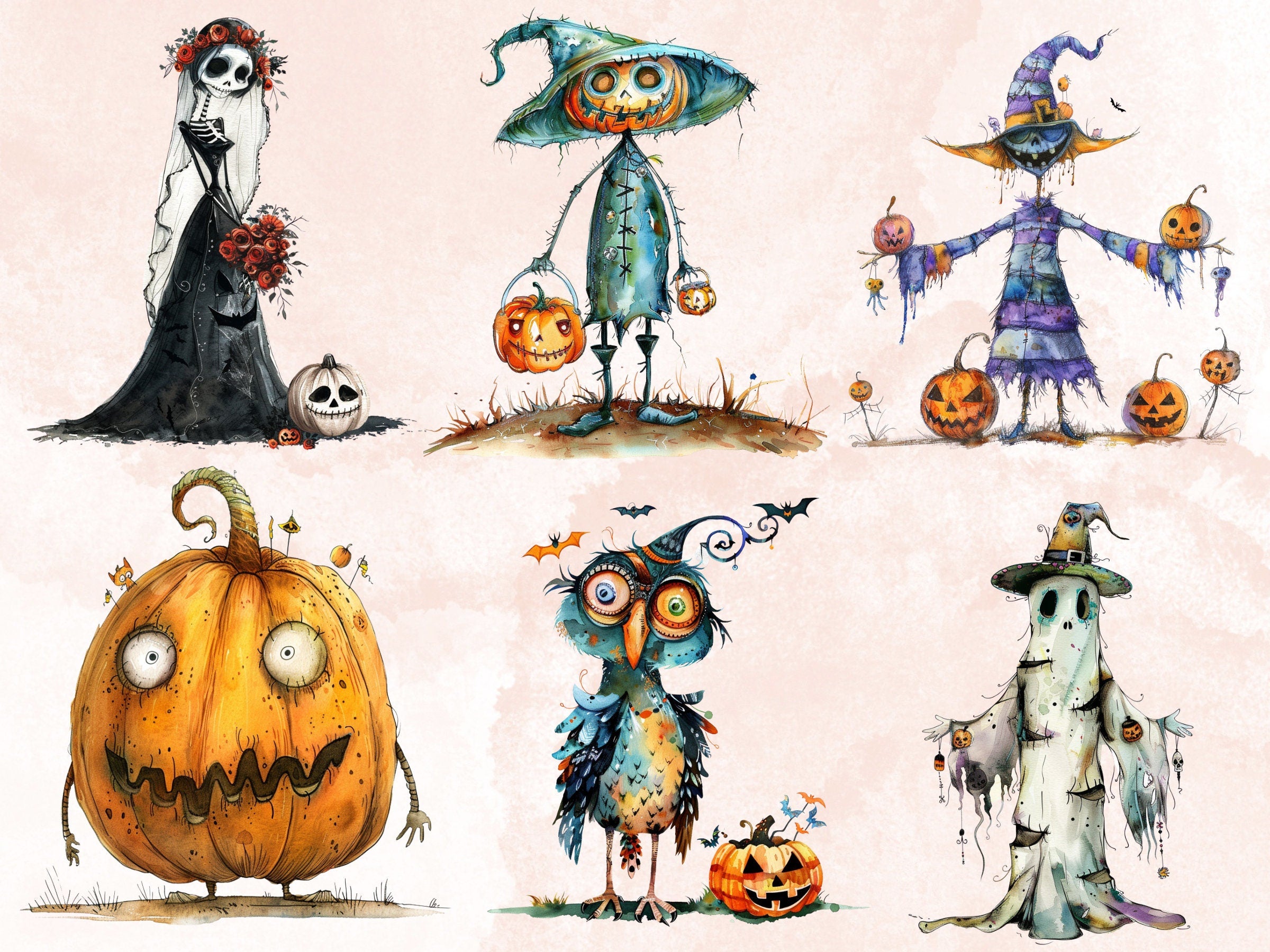50 PNG Watercolor Quirky Halloween Bundle Clipart, Whimsical Halloween Illustrations Clip art, Cute Creepy png, Spooky Season Sublimation