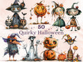 50 PNG Watercolor Quirky Halloween Bundle Clipart, Whimsical Halloween Illustrations Clip art, Cute Creepy png, Spooky Season Sublimation