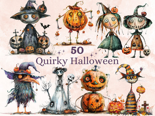 50 PNG Watercolor Quirky Halloween Bundle Clipart, Whimsical Halloween Illustrations Clip art, Cute Creepy png, Spooky Season Sublimation