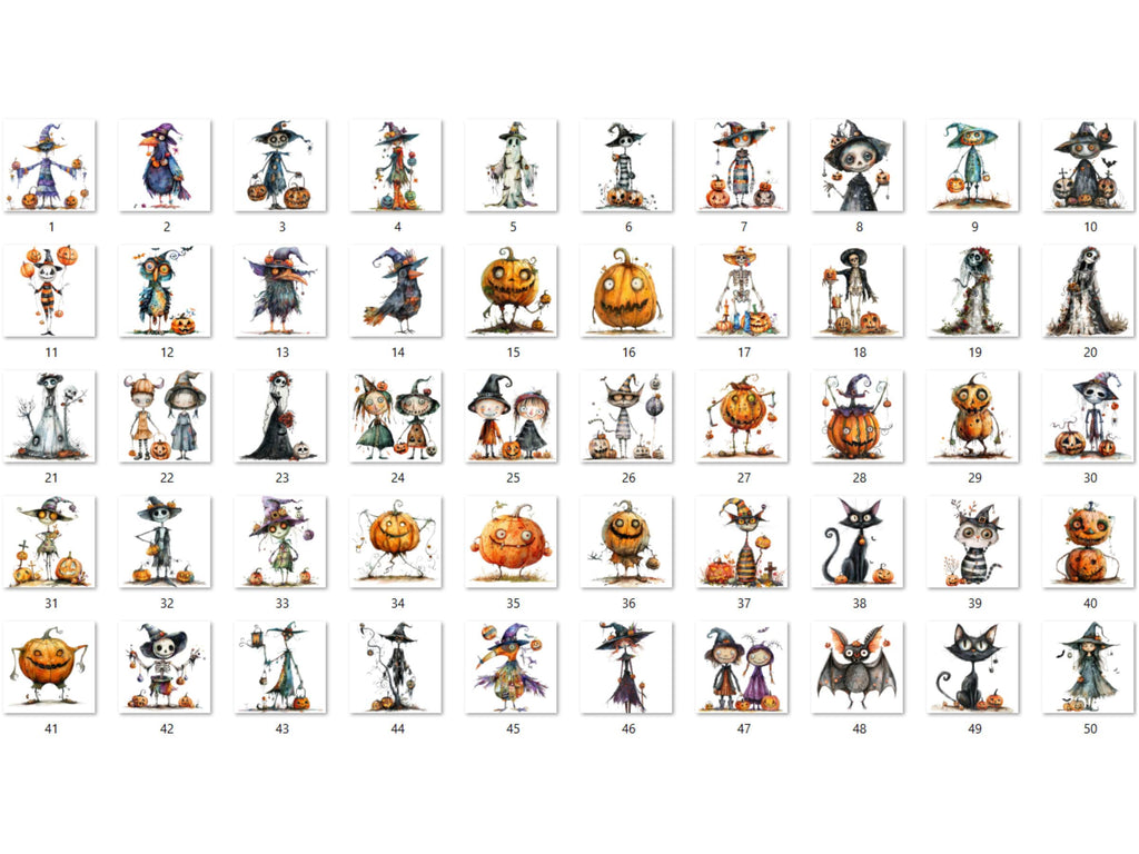 50 PNG Watercolor Quirky Halloween Bundle Clipart, Whimsical Halloween Illustrations Clip art, Cute Creepy png, Spooky Season Sublimation