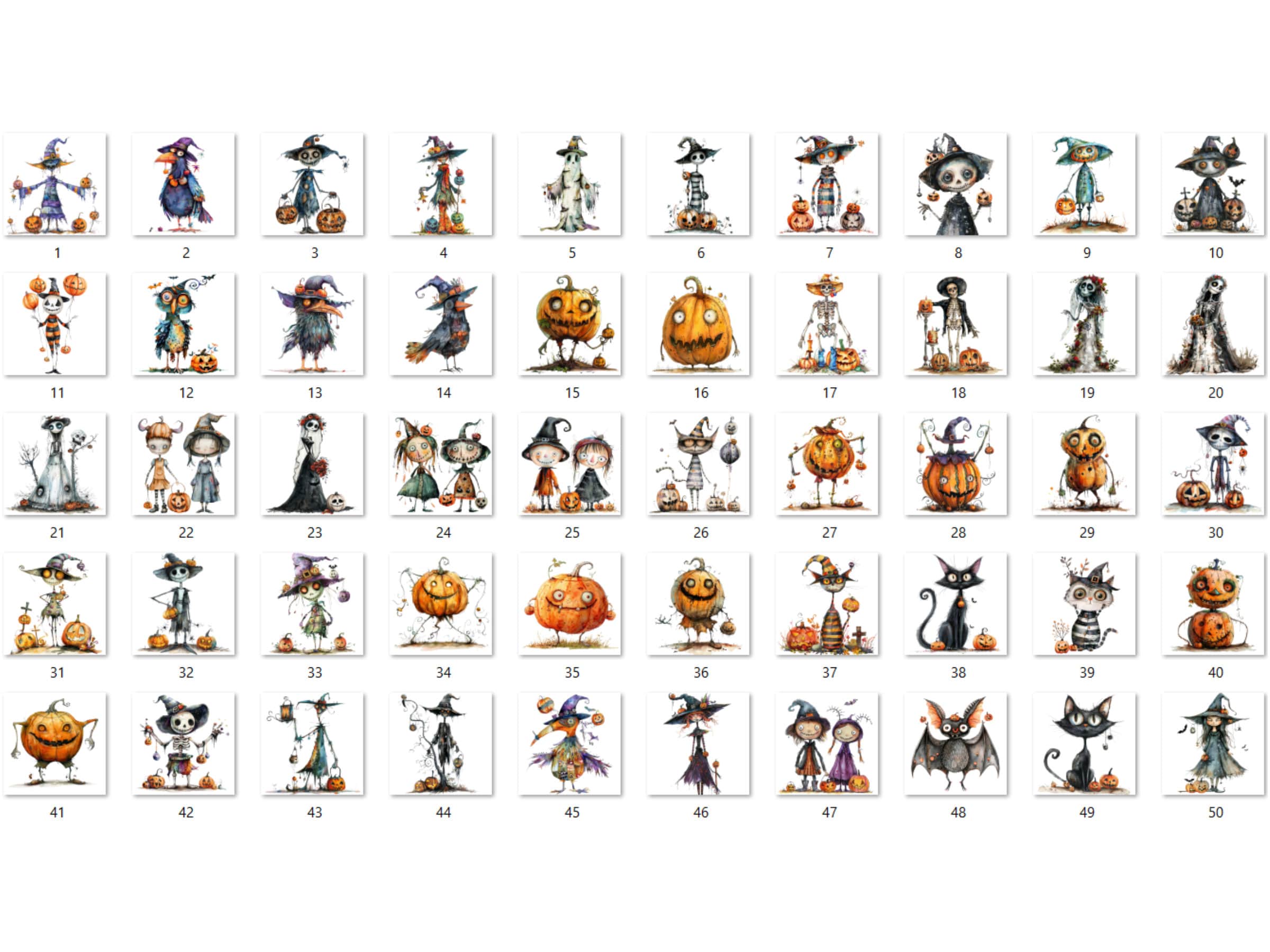 50 PNG Watercolor Quirky Halloween Bundle Clipart, Whimsical Halloween Illustrations Clip art, Cute Creepy png, Spooky Season Sublimation