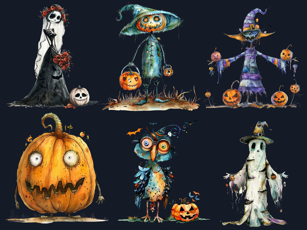 50 PNG Watercolor Quirky Halloween Bundle Clipart, Whimsical Halloween Illustrations Clip art, Cute Creepy png, Spooky Season Sublimation