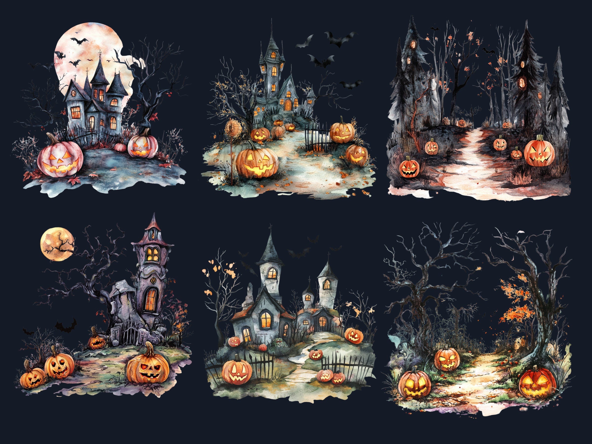 30 PNG Watercolor Halloween Landscapes Clipart, Halloween Scenes Illustrations Clip art, Gothic Pumpkin Tree png, Haunted Forest Sublimation