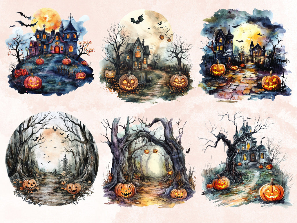 30 PNG Watercolor Halloween Landscapes Clipart, Halloween Scenes Illustrations Clip art, Gothic Pumpkin Tree png, Haunted Forest Sublimation