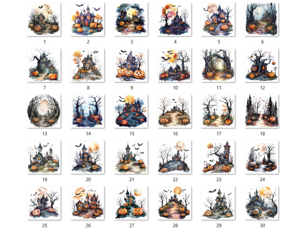 30 PNG Watercolor Halloween Landscapes Clipart, Halloween Scenes Illustrations Clip art, Gothic Pumpkin Tree png, Haunted Forest Sublimation