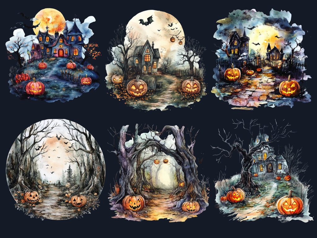 30 PNG Watercolor Halloween Landscapes Clipart, Halloween Scenes Illustrations Clip art, Gothic Pumpkin Tree png, Haunted Forest Sublimation