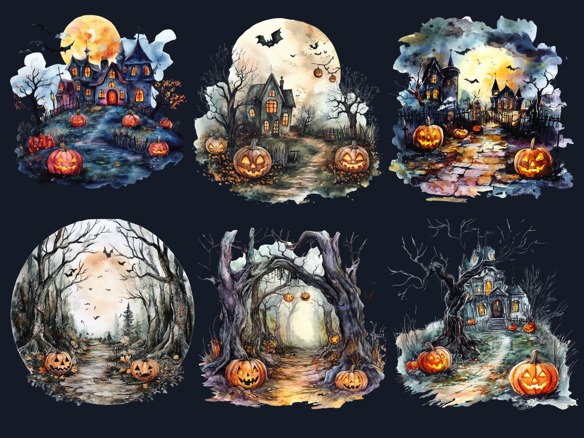 30 PNG Watercolor Halloween Landscapes Clipart, Halloween Scenes Illustrations Clip art, Gothic Pumpkin Tree png, Haunted Forest Sublimation