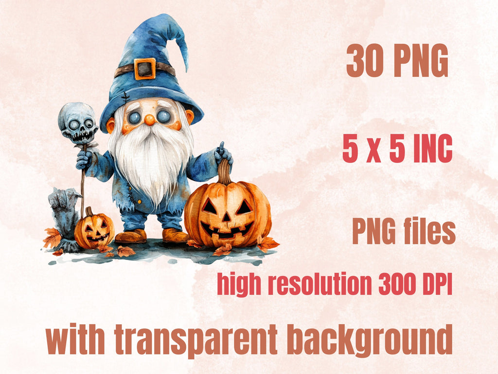 30 PNG Watercolor Cute Halloween Gnome Clipart, Funny Halloween Illustrations Clip art, Fall Garden Gnome png, Pumpkin Gnome Sublimation