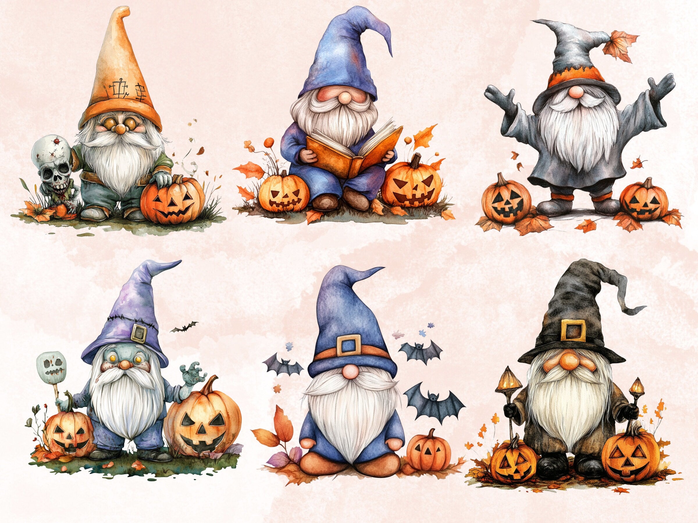 30 PNG Watercolor Cute Halloween Gnome Clipart, Funny Halloween Illustrations Clip art, Fall Garden Gnome png, Pumpkin Gnome Sublimation