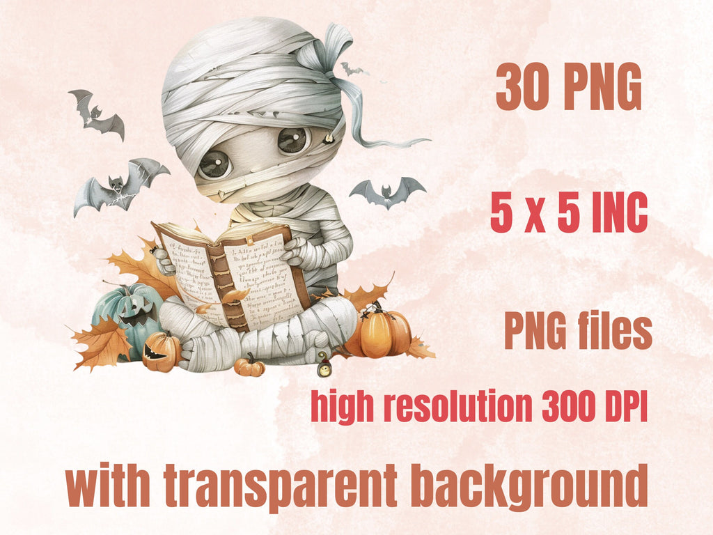30 PNG Watercolor Halloween Mummy Clipart, Cute Creepy Halloween Illustration Clip art, Halloween Characters png, Spooky Pumpkin Sublimation