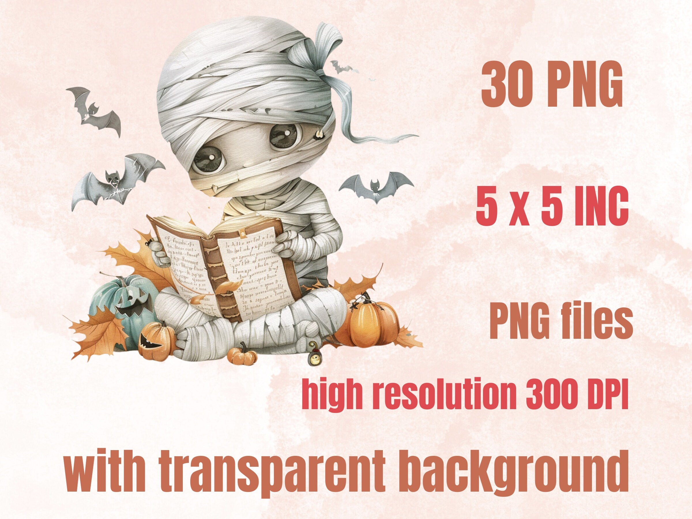30 PNG Watercolor Halloween Mummy Clipart, Cute Creepy Halloween Illustration Clip art, Halloween Characters png, Spooky Pumpkin Sublimation