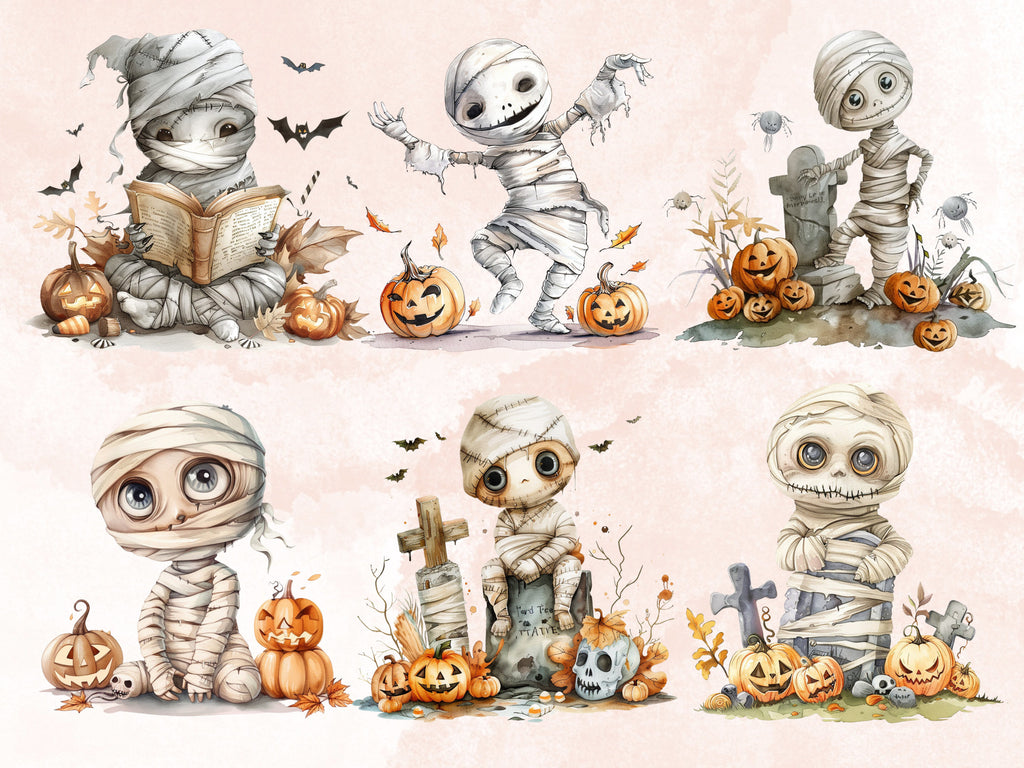 30 PNG Watercolor Halloween Mummy Clipart, Cute Creepy Halloween Illustration Clip art, Halloween Characters png, Spooky Pumpkin Sublimation