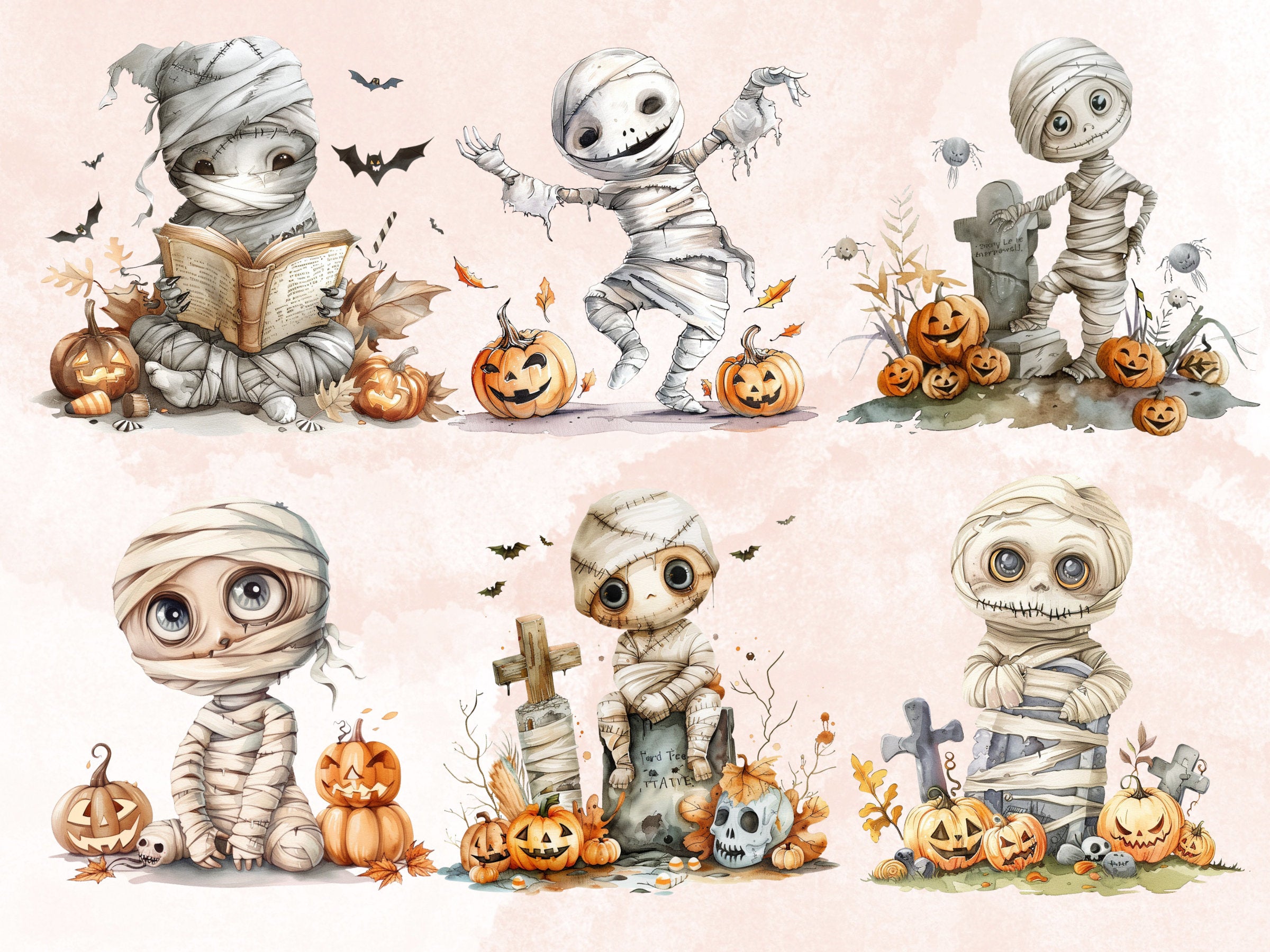 30 PNG Watercolor Halloween Mummy Clipart, Cute Creepy Halloween Illustration Clip art, Halloween Characters png, Spooky Pumpkin Sublimation