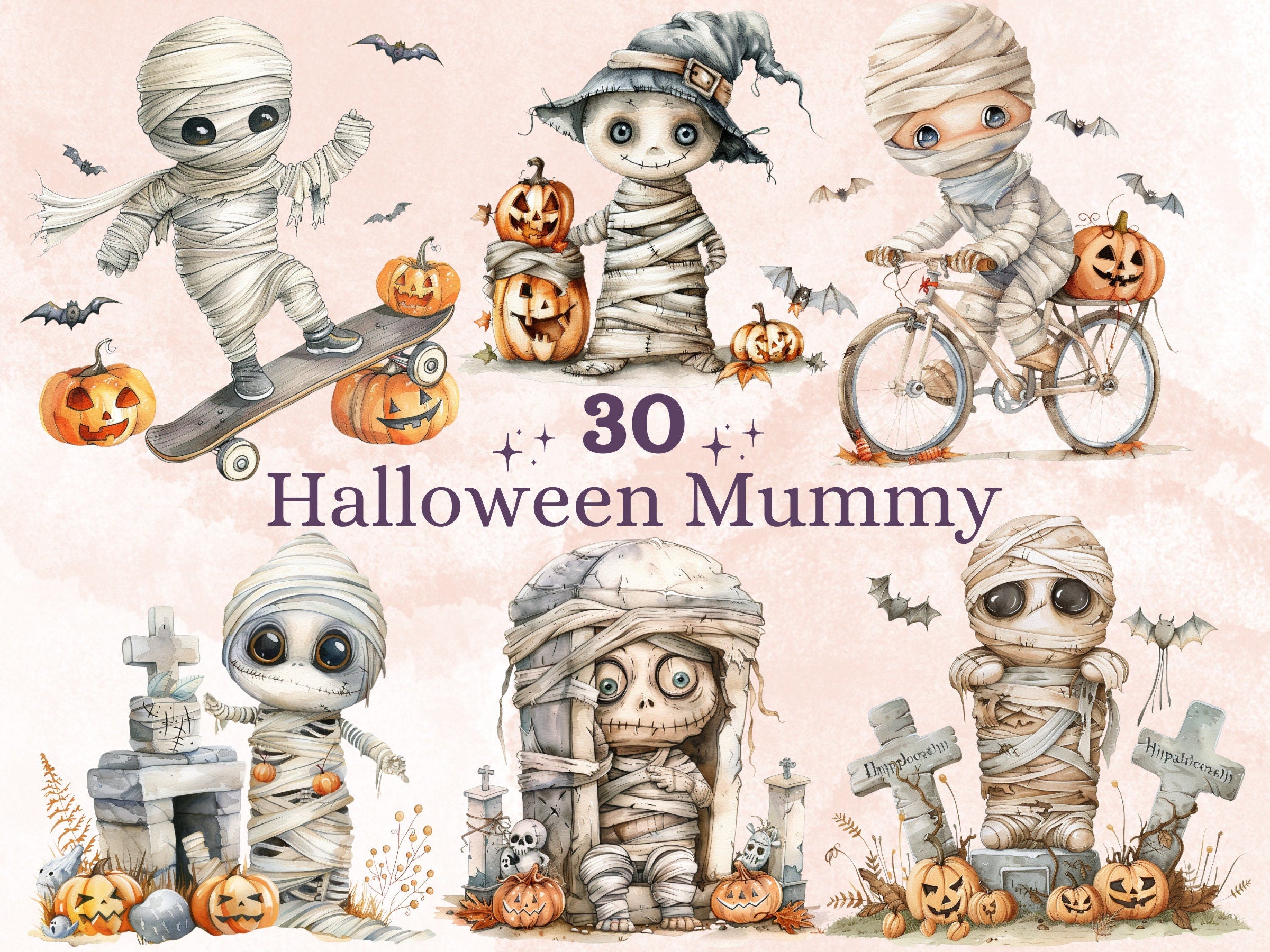 30 PNG Watercolor Halloween Mummy Clipart, Cute Creepy Halloween Illustration Clip art, Halloween Characters png, Spooky Pumpkin Sublimation