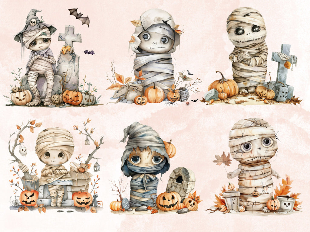 30 PNG Watercolor Halloween Mummy Clipart, Cute Creepy Halloween Illustration Clip art, Halloween Characters png, Spooky Pumpkin Sublimation