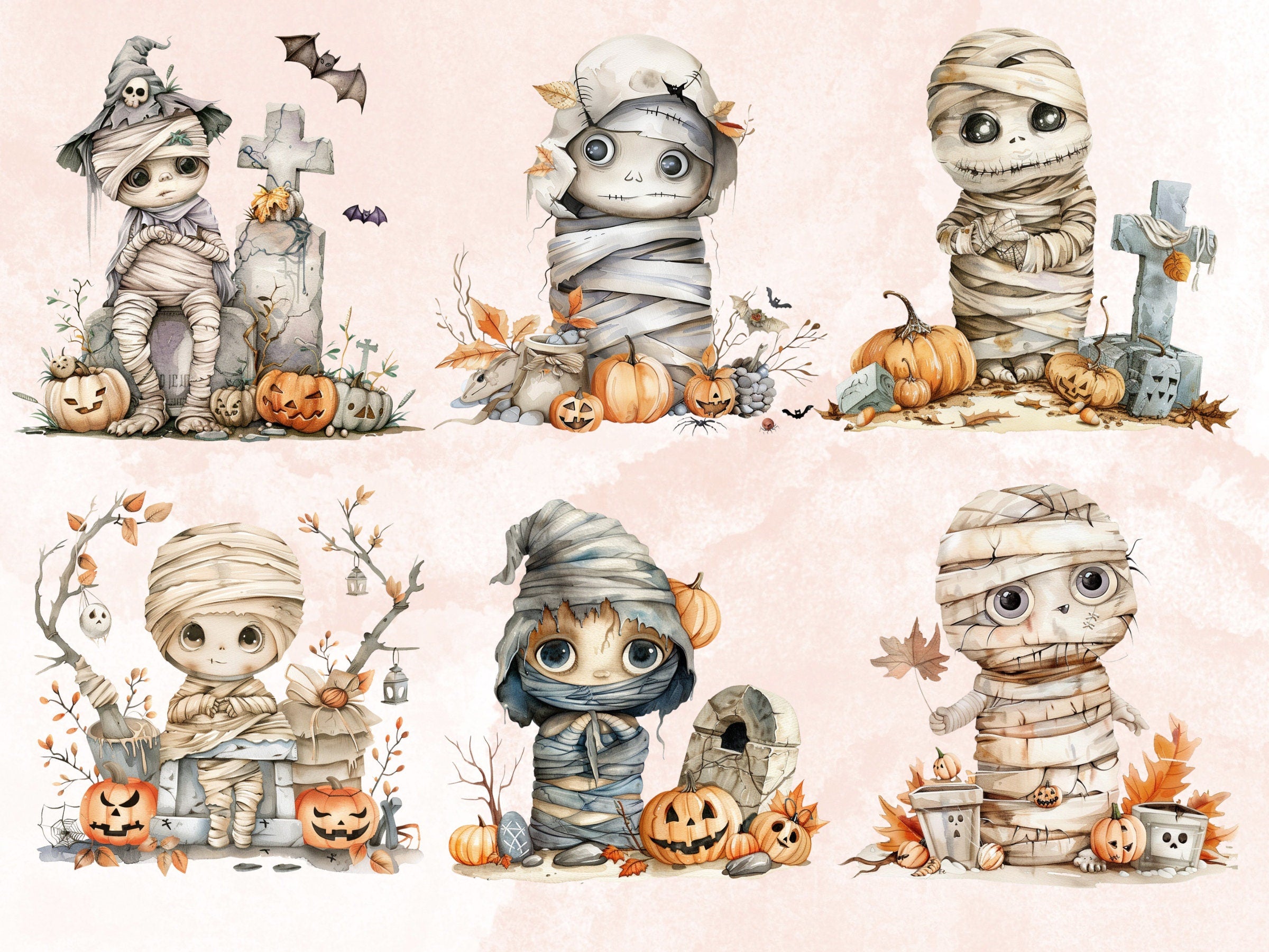 30 PNG Watercolor Halloween Mummy Clipart, Cute Creepy Halloween Illustration Clip art, Halloween Characters png, Spooky Pumpkin Sublimation