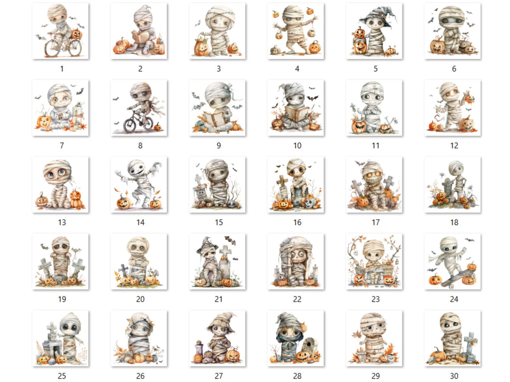 30 PNG Watercolor Halloween Mummy Clipart, Cute Creepy Halloween Illustration Clip art, Halloween Characters png, Spooky Pumpkin Sublimation
