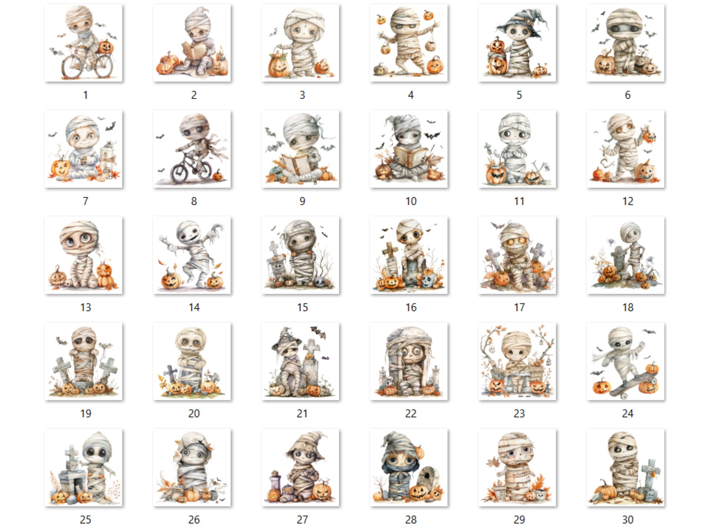 30 PNG Watercolor Halloween Mummy Clipart, Cute Creepy Halloween Illustration Clip art, Halloween Characters png, Spooky Pumpkin Sublimation