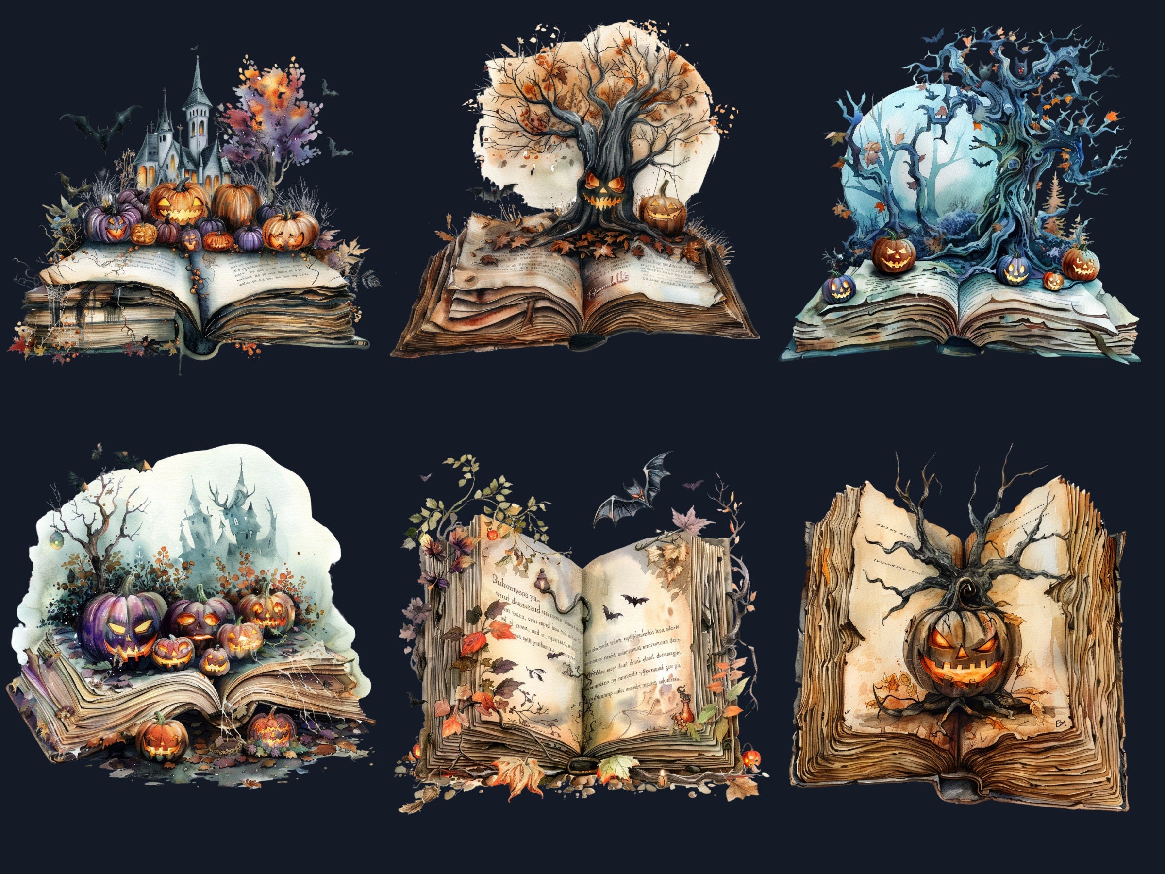 25 PNG Watercolor Fantasy Halloween Books Clipart, Open Book Clip Art, Gothic Floral Book PNG, Cute Creepy Book clip art, Witch Magic Books