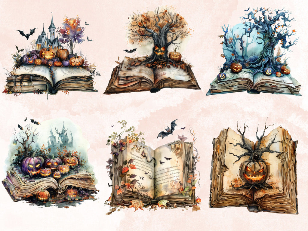 25 PNG Watercolor Fantasy Halloween Books Clipart, Open Book Clip Art, Gothic Floral Book PNG, Cute Creepy Book clip art, Witch Magic Books