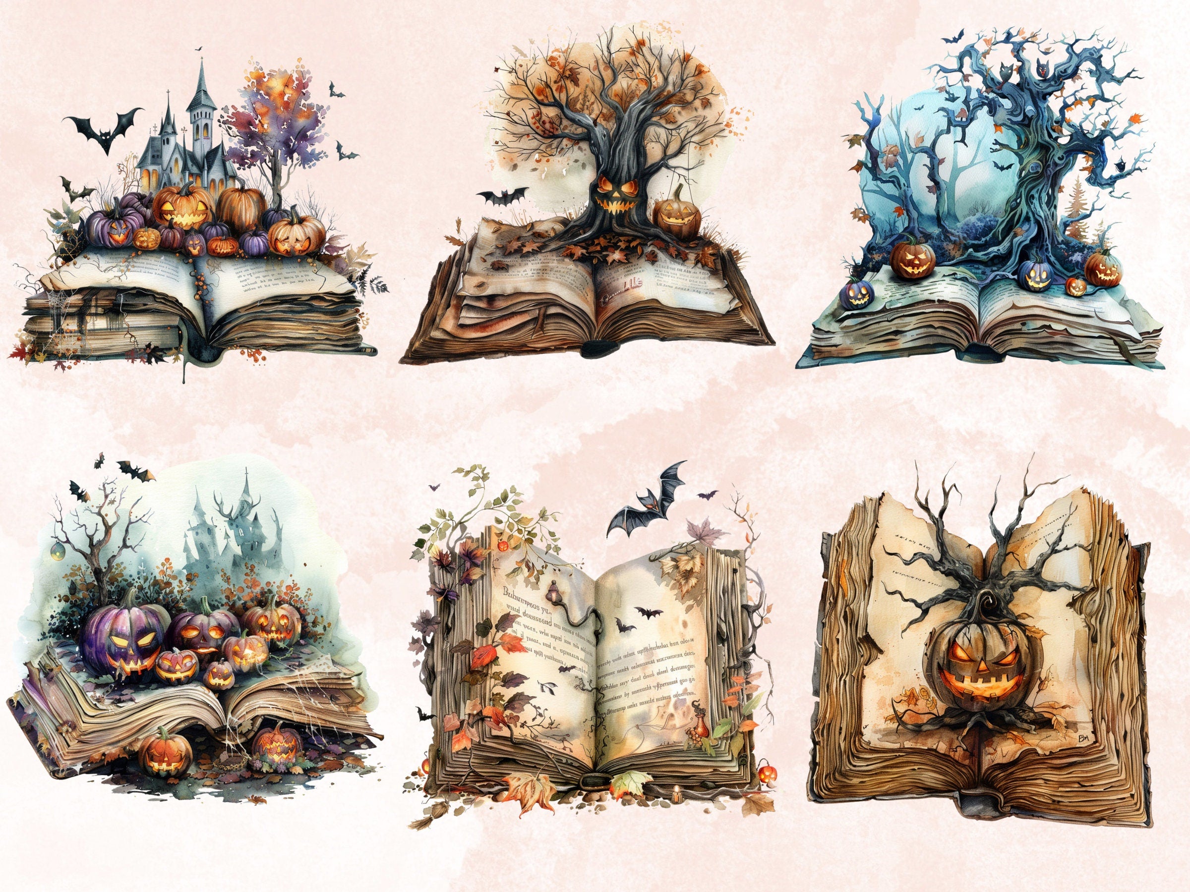 25 PNG Watercolor Fantasy Halloween Books Clipart, Open Book Clip Art, Gothic Floral Book PNG, Cute Creepy Book clip art, Witch Magic Books