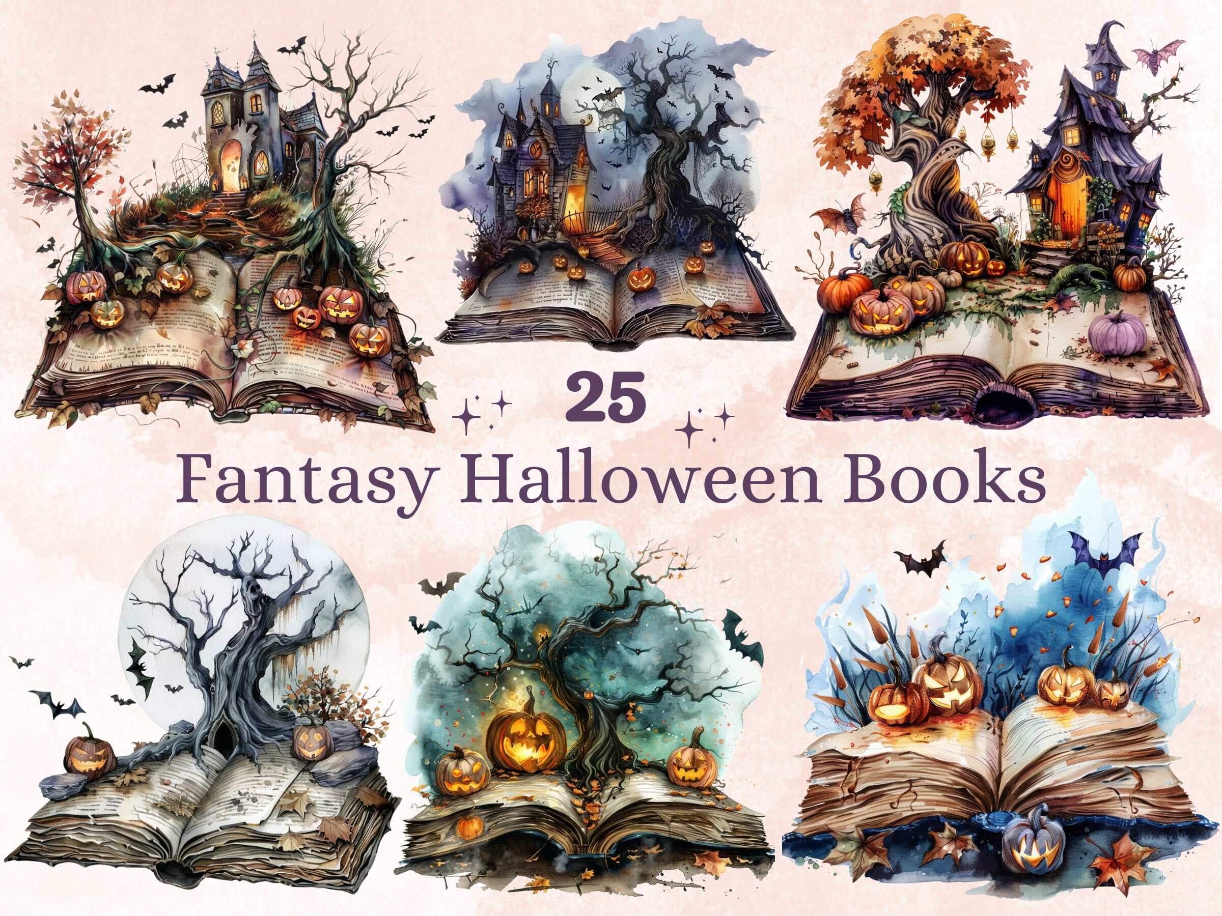 25 PNG Watercolor Fantasy Halloween Books Clipart, Open Book Clip Art, Gothic Floral Book PNG, Cute Creepy Book clip art, Witch Magic Books