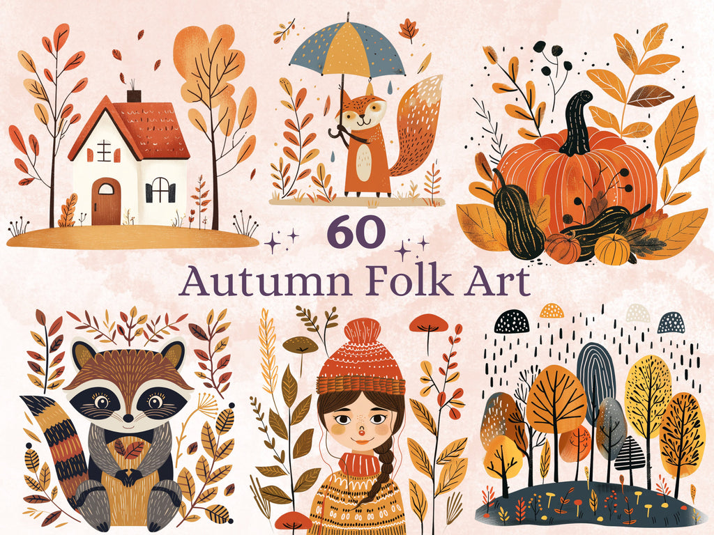 60 PNG Watercolour Scandinavian Autumn Clipart, Fall Pumpkin Folk Art Illustrations Clip art, Fall Holiday png, Nordic Autumn Ornaments