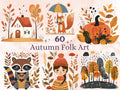 60 PNG Watercolour Scandinavian Autumn Clipart, Fall Pumpkin Folk Art Illustrations Clip art, Fall Holiday png, Nordic Autumn Ornaments